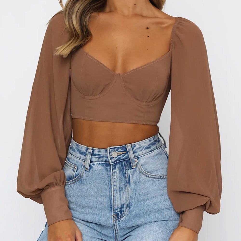 White Fox Boutique “Social Seduction Long Sleeve Crop Chocolate” Size L